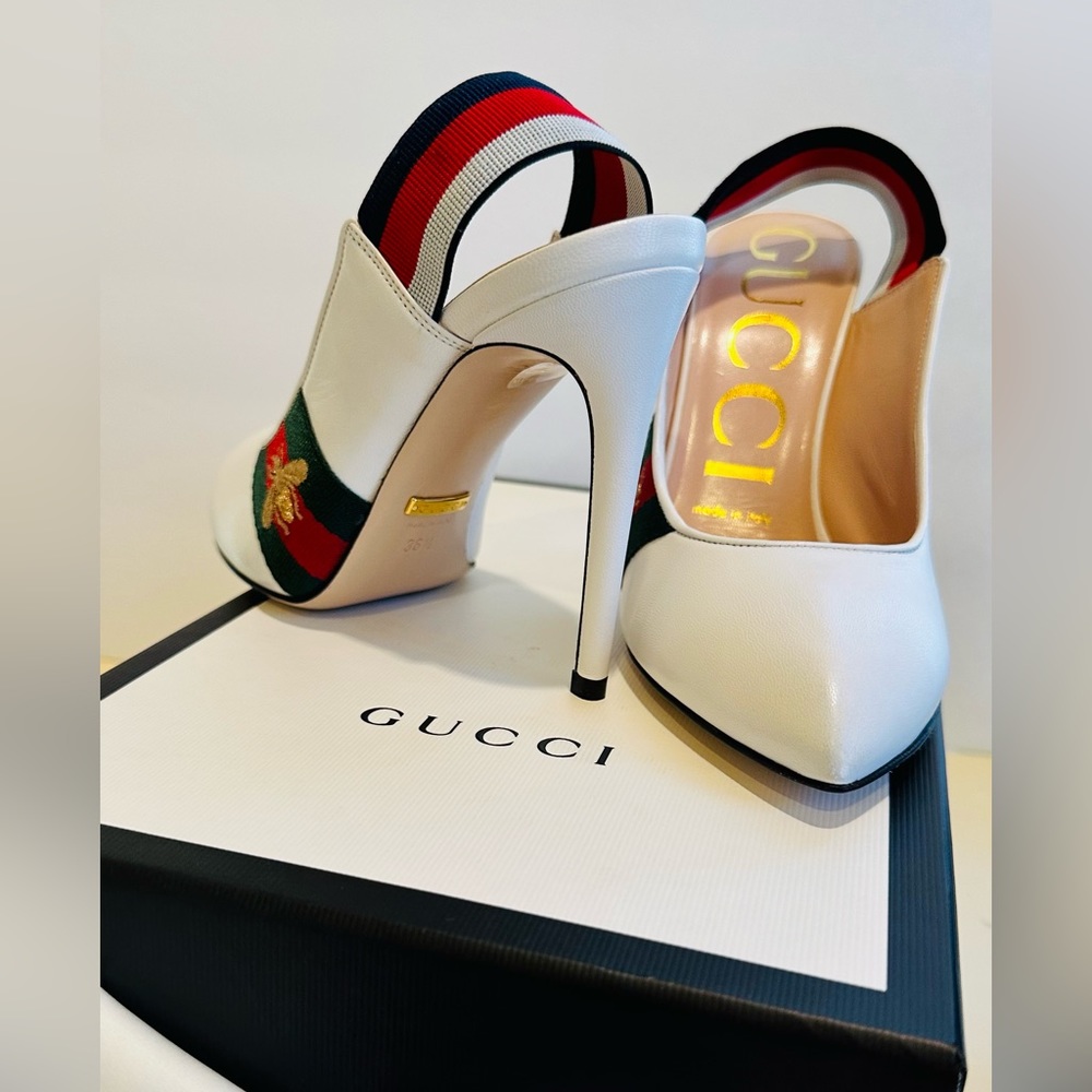 Gucci Sylvie Leather Slingback Pumps with Bee in White 36.5 - Picture 8 of 16